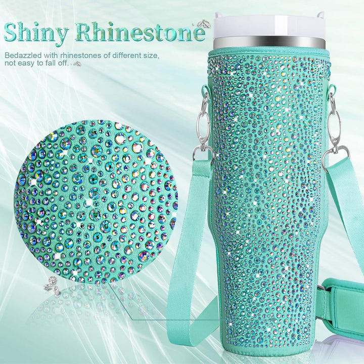 Thermal stainless steel women's bottle & protective carry bag for hot or cold drinks.