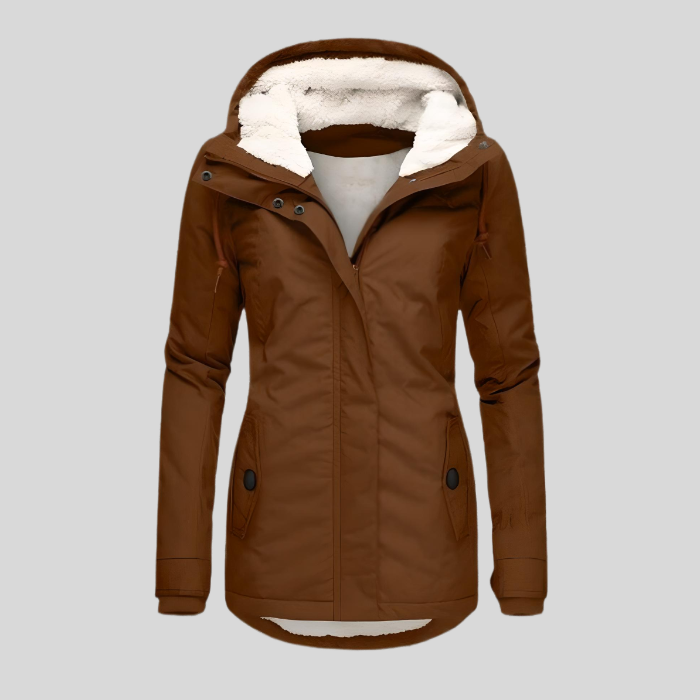 Warm women's insulated waterproof longline winter jacket, ultimate cold weather outerwear.