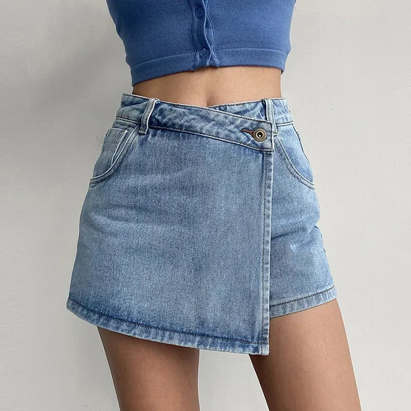 Women's Janah denim skort with a chic crossover waist, perfect for trendy casual wear.