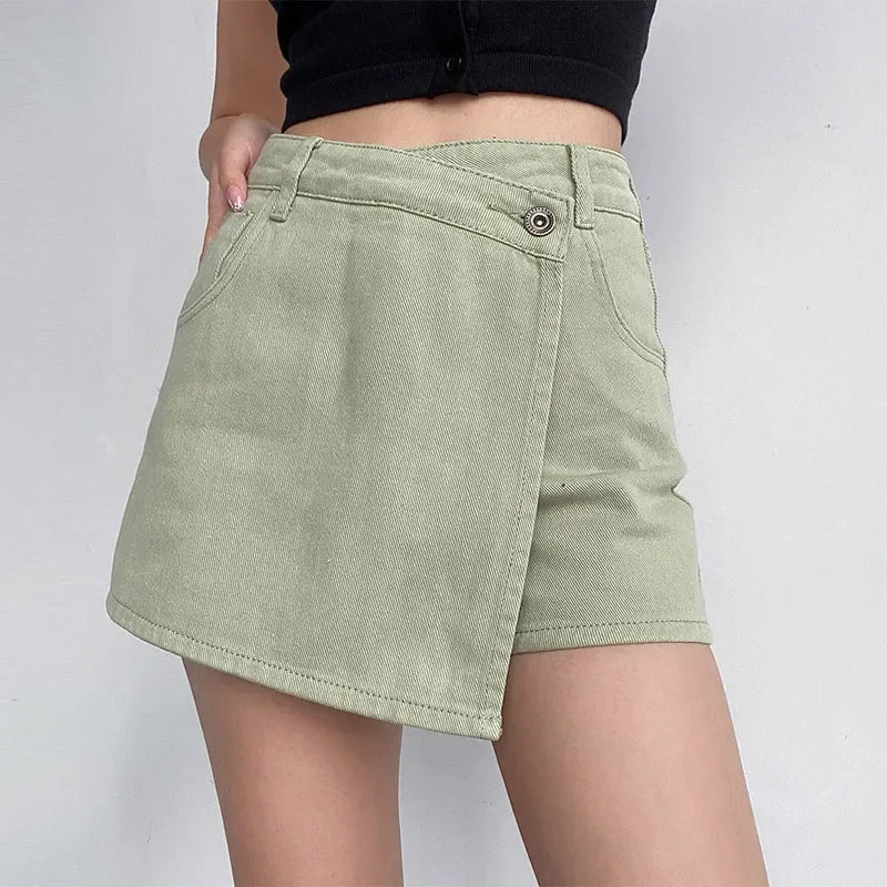 Trendy Janah denim skort for women, boasting a unique crossover front and distressed details, great for summer.