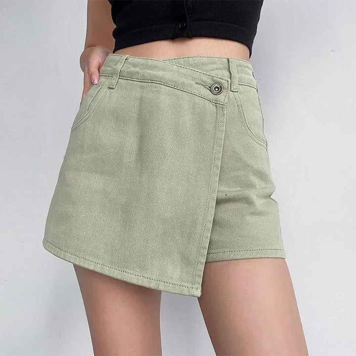Trendy Janah denim skort for women, boasting a unique crossover front and distressed details, great for summer.