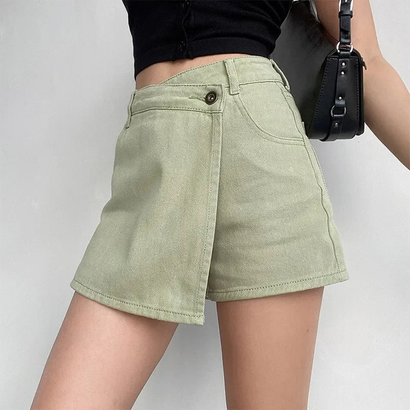 Chic women's denim skort, offering the fashionable look of a skirt with the freedom of shorts, crossover design.