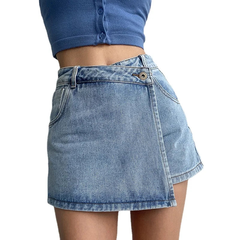 Janah women's denim skort in a chic crossover style, perfect for casual summer wear with a trendy distressed finish.
