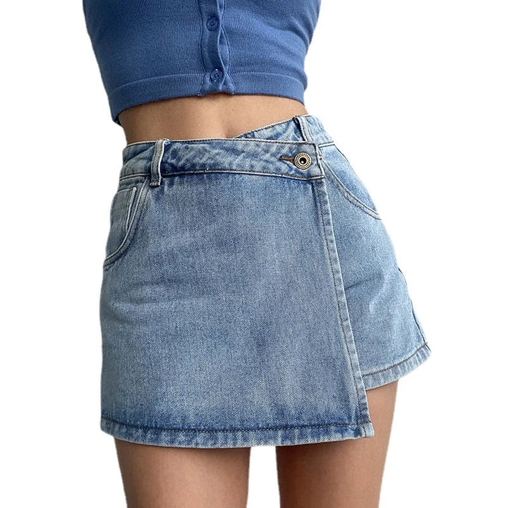 Janah women's denim skort in a chic crossover style, perfect for casual summer wear with a trendy distressed finish.