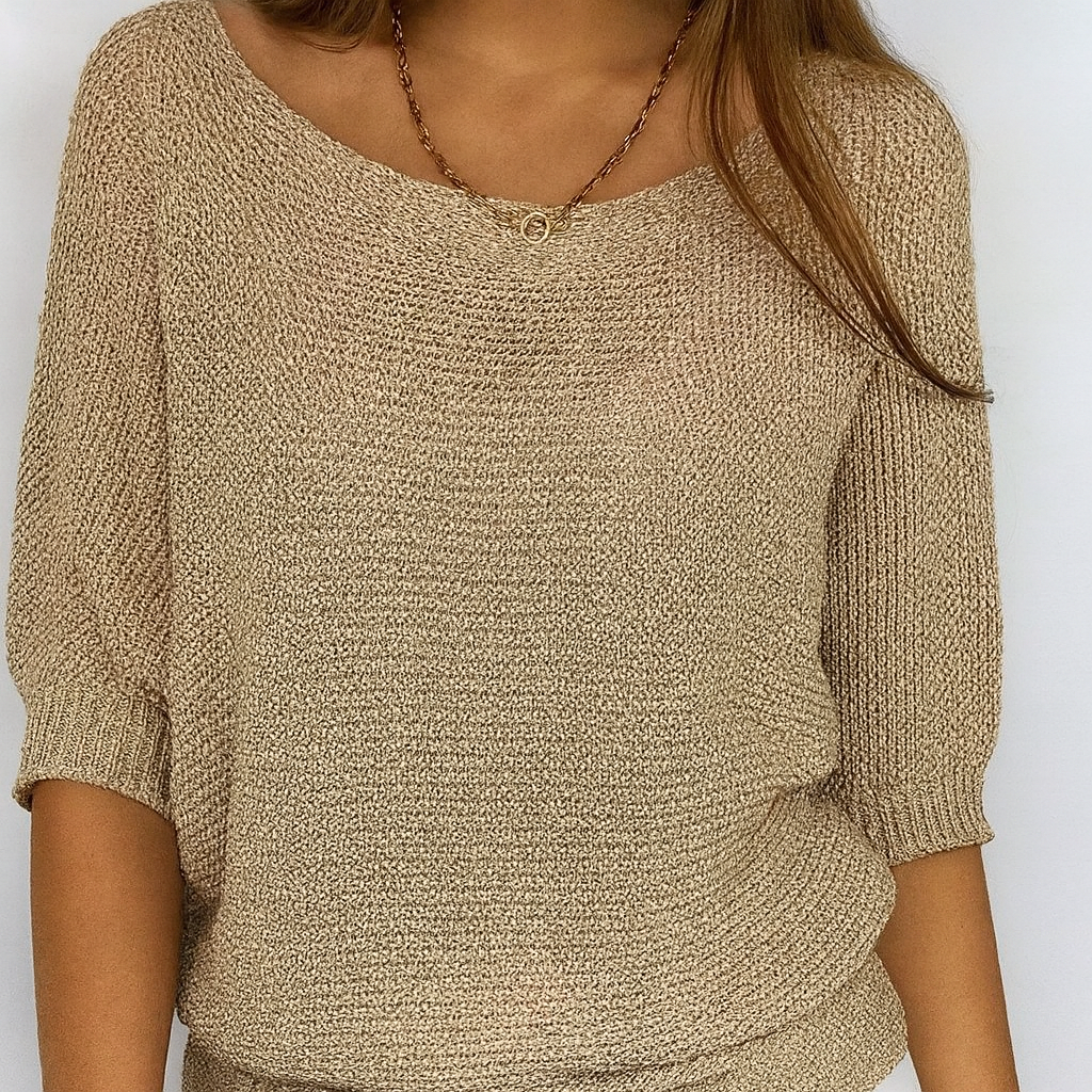 Women's khaki crew-neck half-sleeve sweater. Comfortable, relaxed fit pullover for casual spring & summer style.