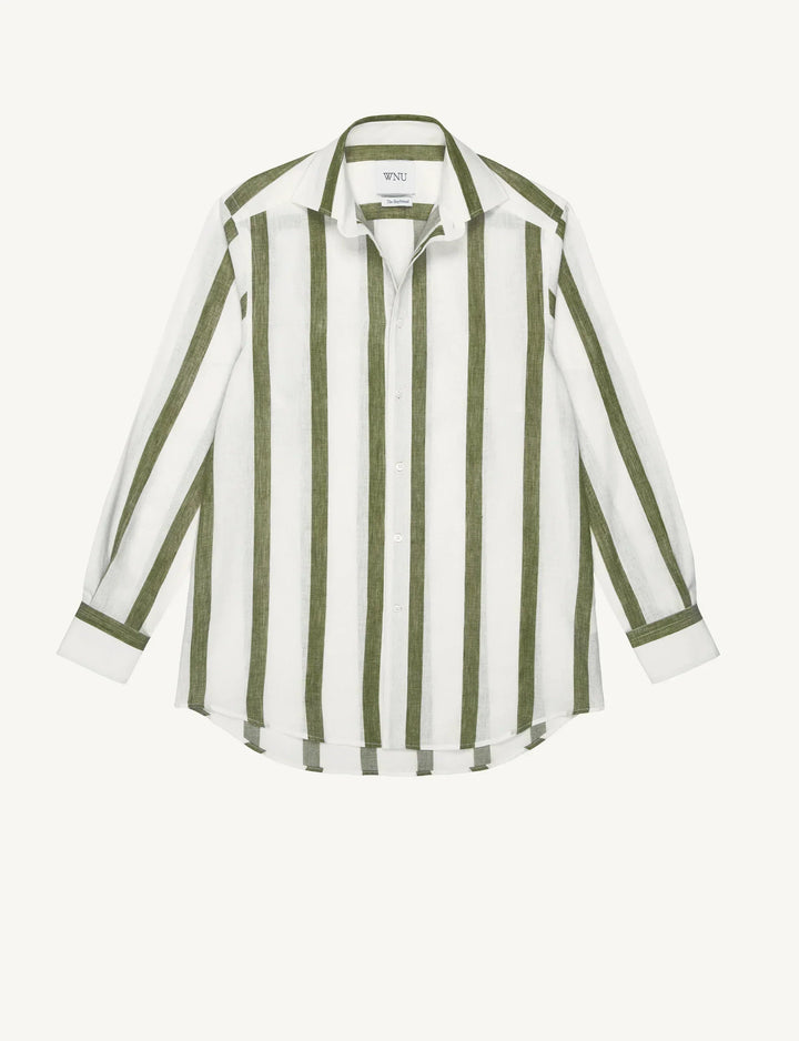 Comfortable women's relaxed fit khaki striped shirt with long sleeves, ideal for versatile everyday wear.