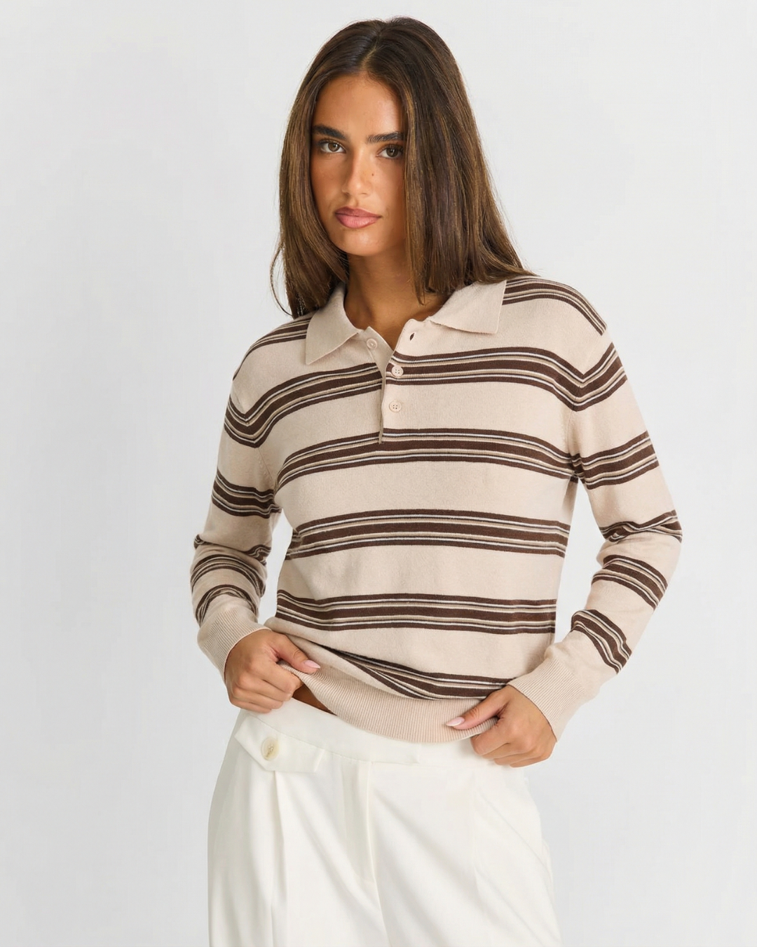 Women's Khaki & Yellow Striped Polo Sweater. Relaxed fit pullover top for casual chic style & everyday wear.