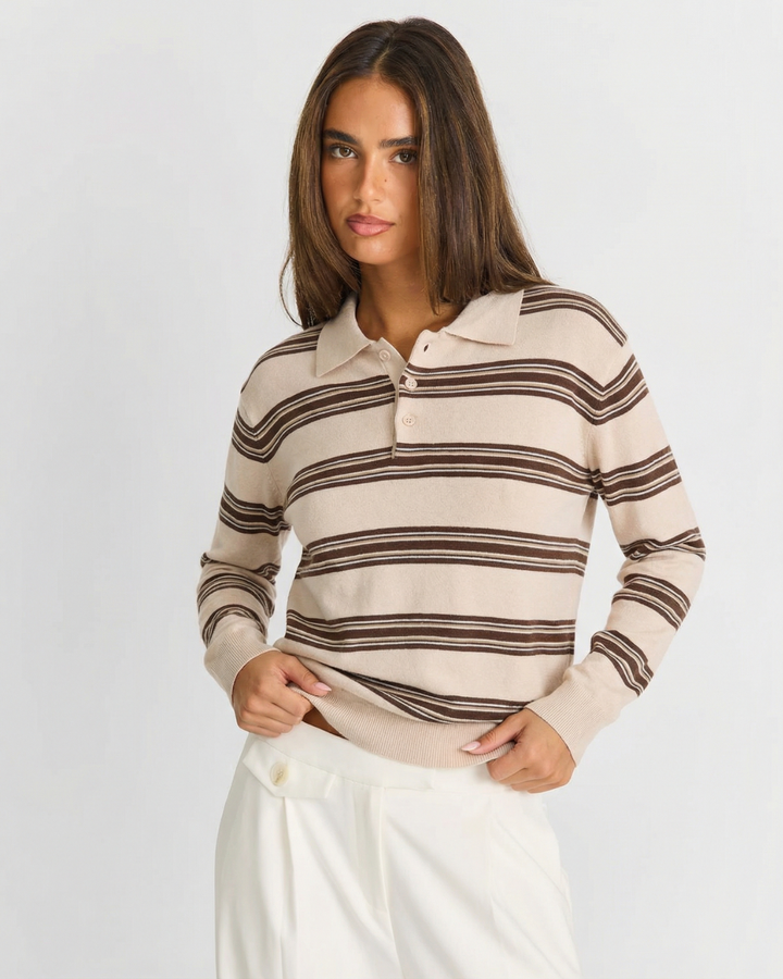 Women's Khaki & Yellow Striped Polo Sweater. Relaxed fit pullover top for casual chic style & everyday wear.