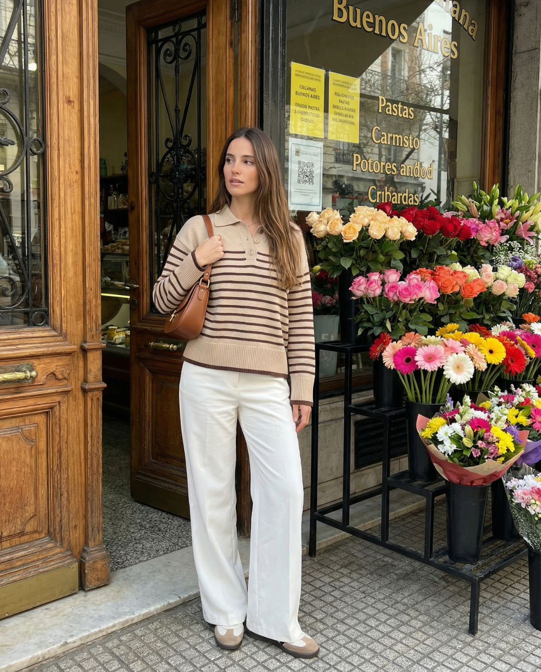 Stylish Khaki & Yellow striped women's polo top. Relaxed fit pullover sweater, perfect for versatile everyday fashion.