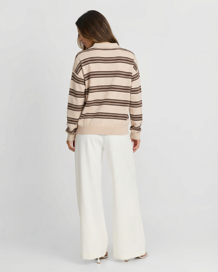 Soft women's striped polo sweater in khaki/yellow. Comfortable, relaxed fit pullover top, ideal for stylish casual wear.