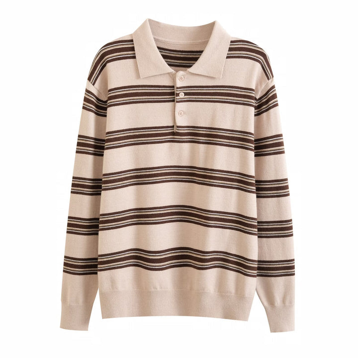 Versatile women's khaki & yellow striped polo sweater. Relaxed fit pullover, a chic everyday top for any occasion.