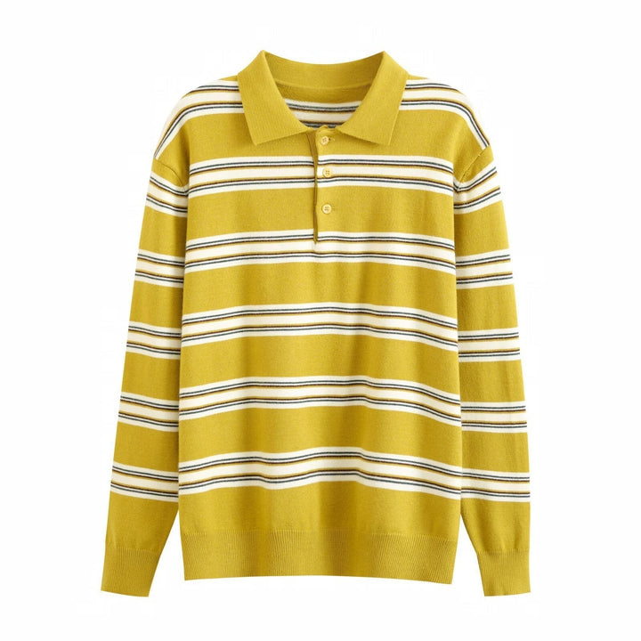 Khaki & yellow striped women's polo sweater. Relaxed fit pullover top, a stylish and comfortable everyday essential.