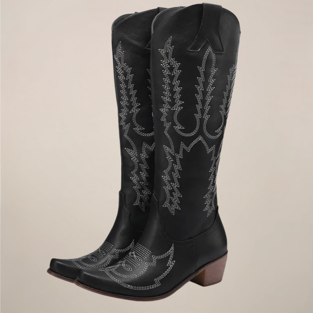 Embroidered women's cowboy boots, knee-high western style with block heel. Perfect casual or everyday wear.