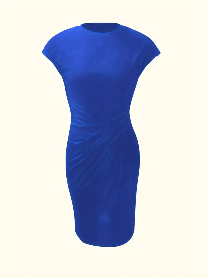 Women's knee-length sheath dress with an elegant ruched waist, perfect for work or parties.