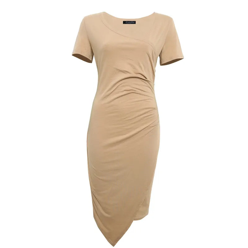 Sleek women's knee-length sheath dress, essential workwear with a flattering ruched waist.