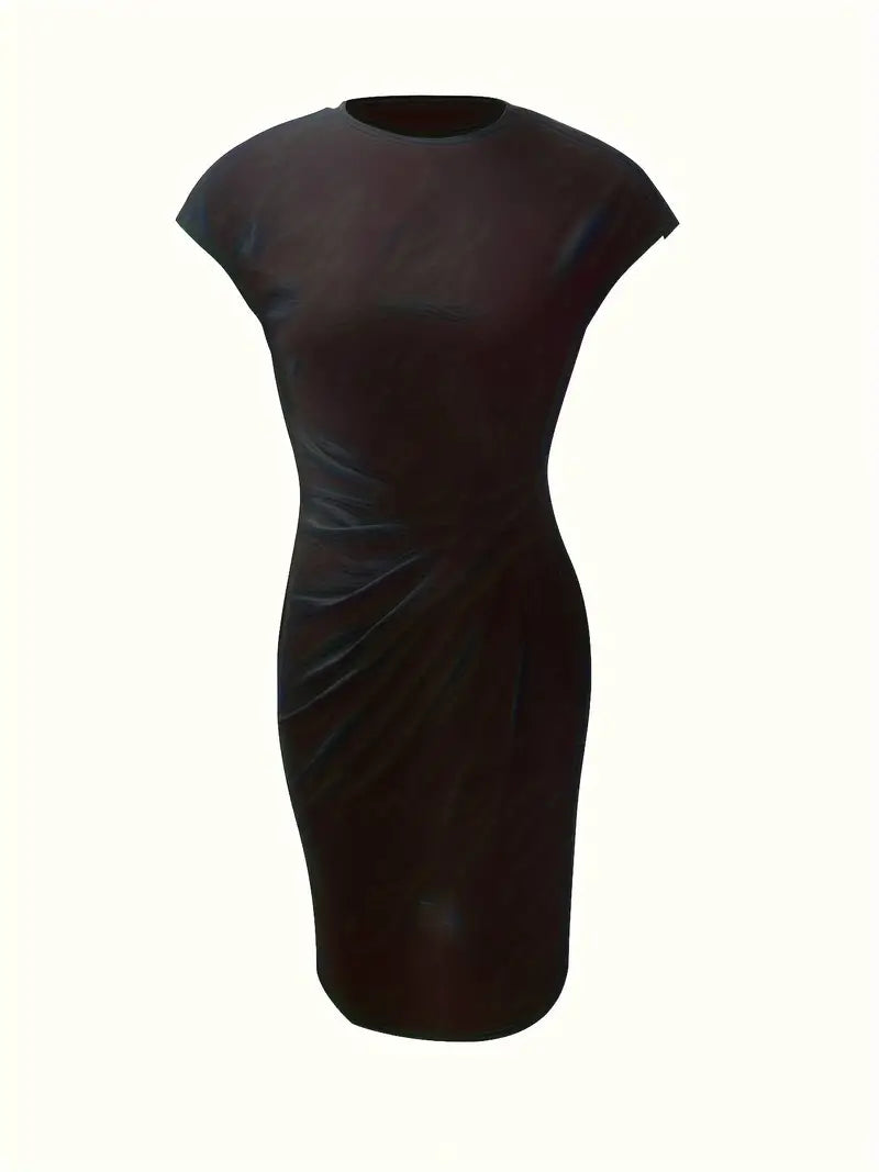 High-fashion women's knee-length sheath dress, stunning ruched waist for a polished look.
