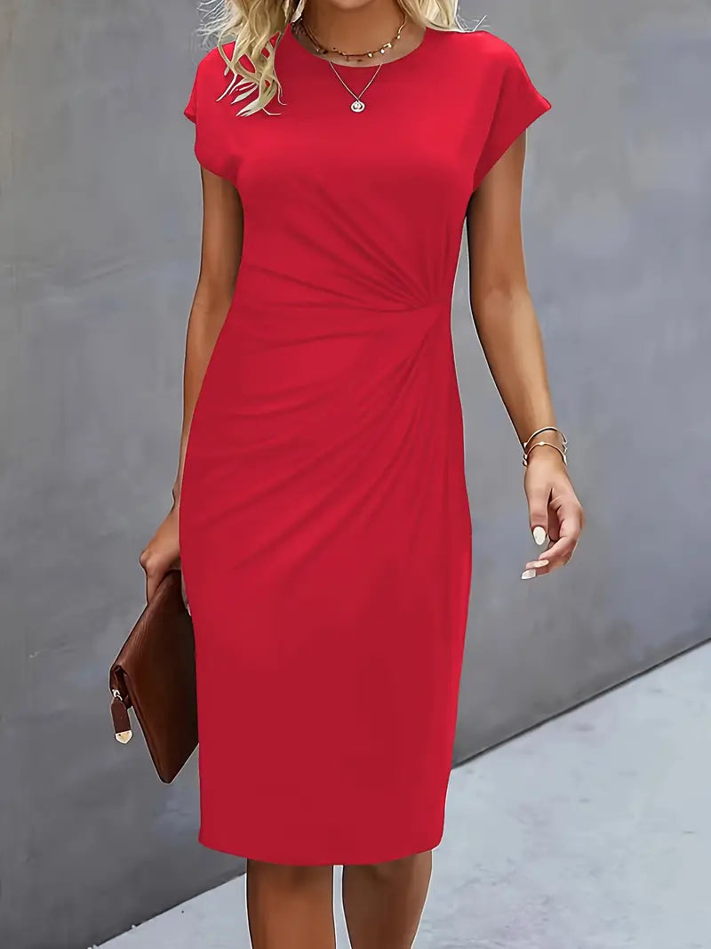 Women's knee-length dress, sheath silhouette, a formal and versatile piece with ruched waist.