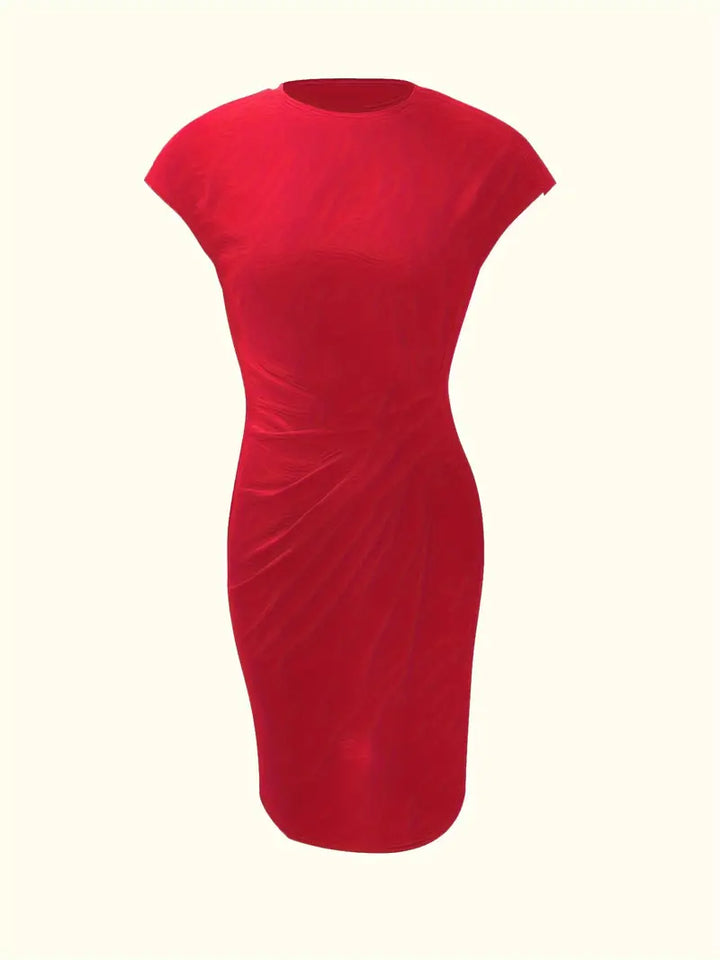 Sophisticated knee-length sheath dress for women, featuring an elegant ruched waist.