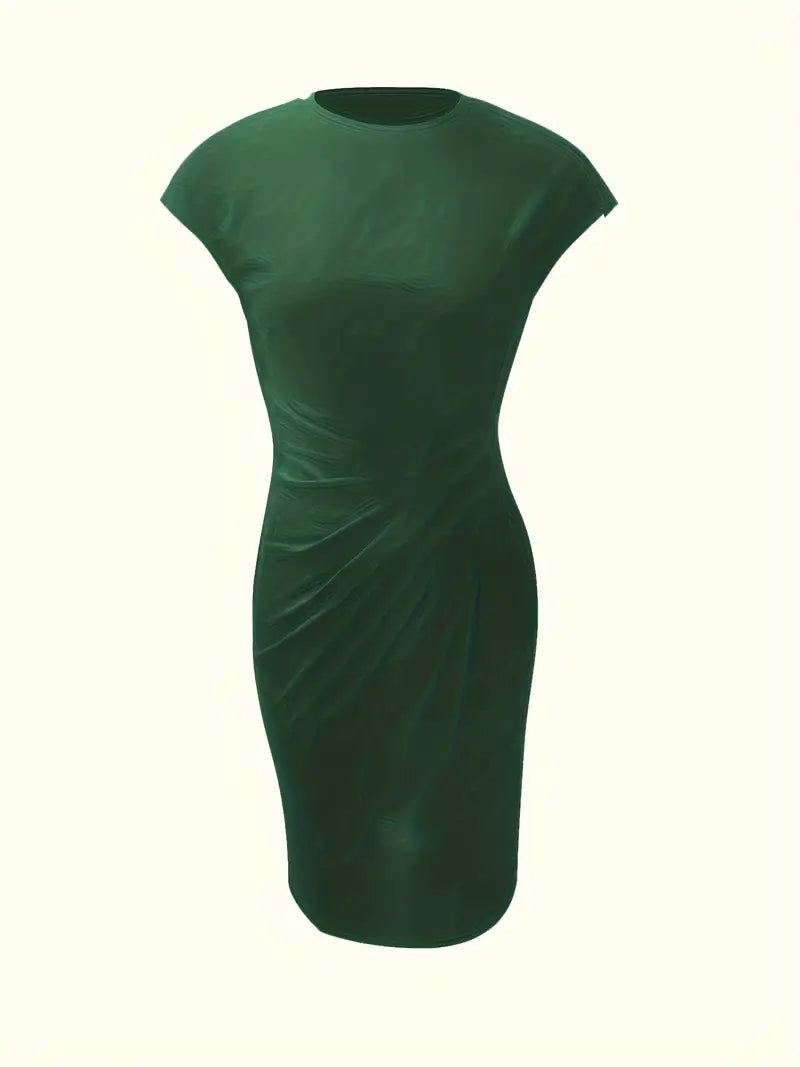Professional women's knee-length sheath dress with a figure-flattering ruched waist.