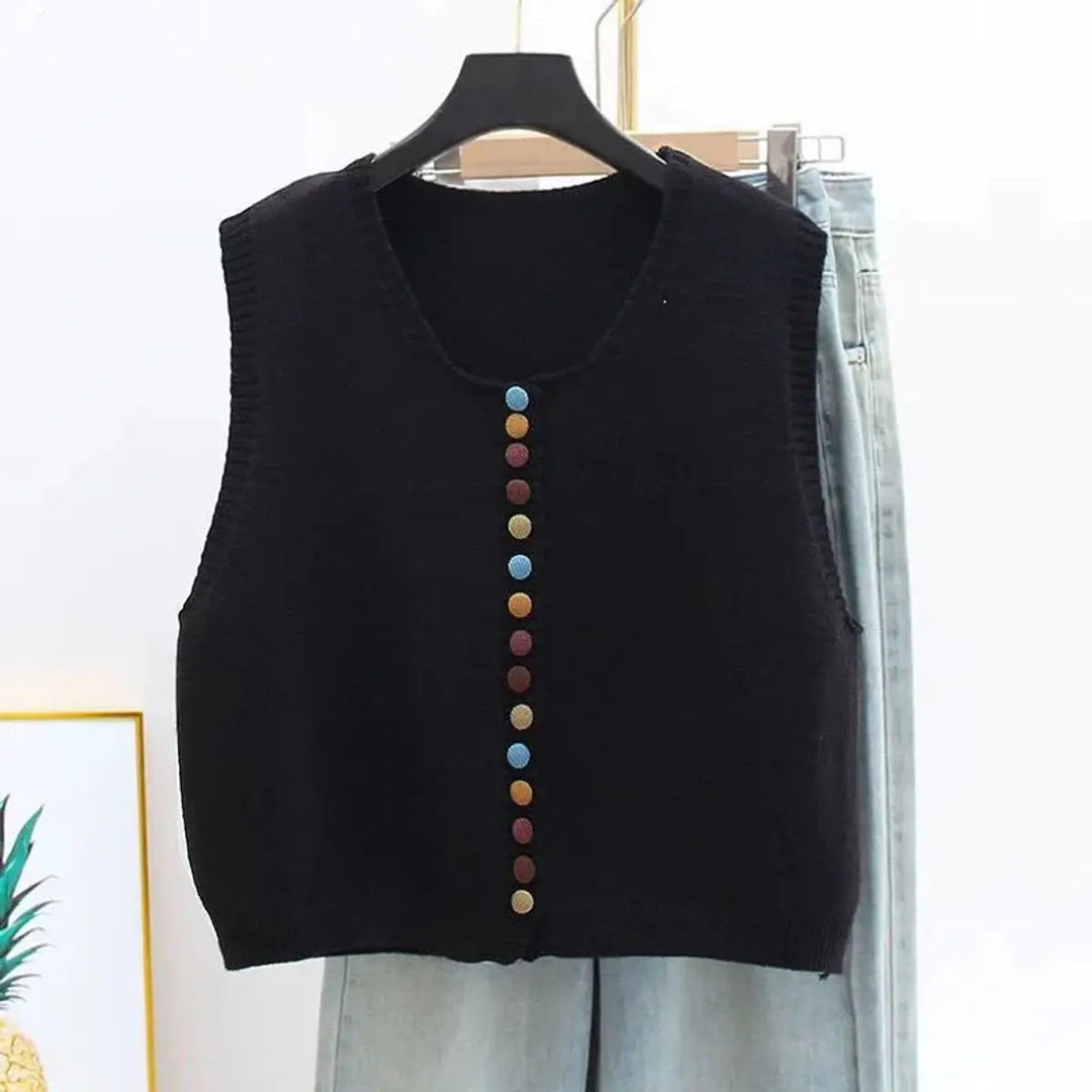 Stylish women's knit sleeveless vest cardigan, button-front design. A comfortable, seasonless piece for any wardrobe.
