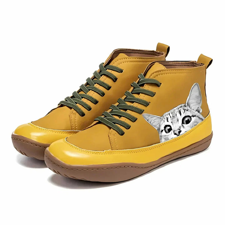 Unique women's cat print ankle boots with laces. Stylish autumn footwear for pet lovers & a standout look.