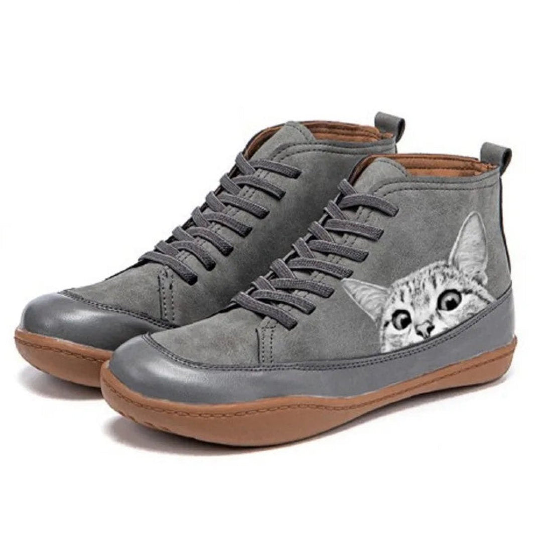 Comfortable women's cat print lace-up ankle boots for everyday wear. Ideal autumn/winter footwear for cat lovers.