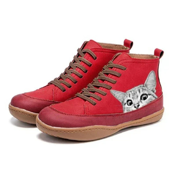 Stylish women's novelty lace-up ankle boots with an all-over cat print, perfect for unique autumn/winter fashion.