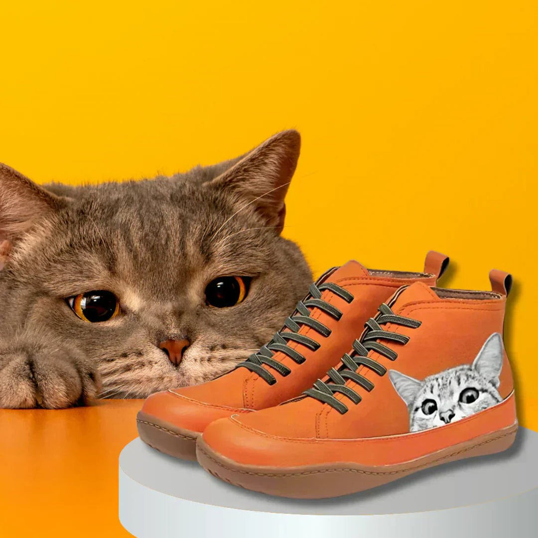 Women's charming cat print lace-up ankle boots designed for pet lovers. Cozy & stylish winter footwear for cat fans.