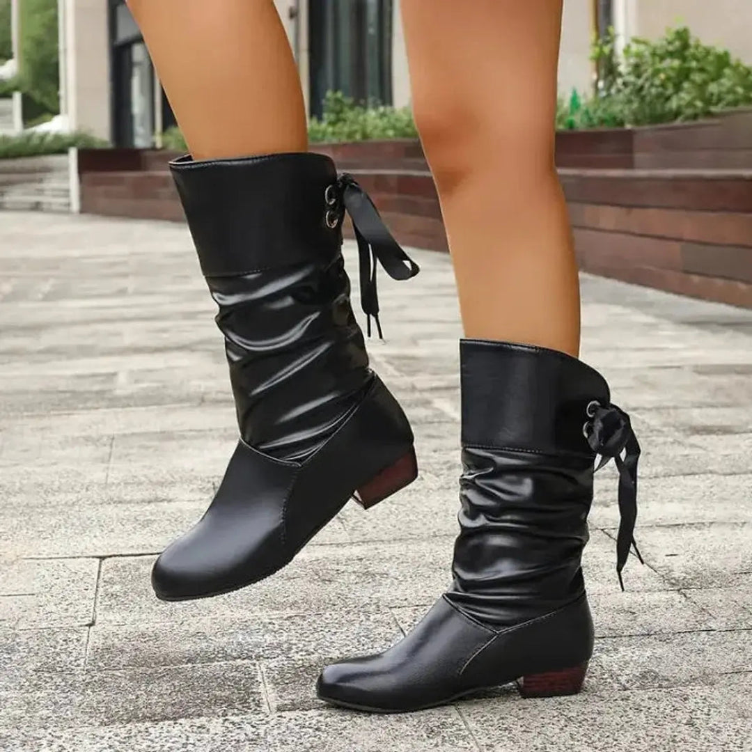Everyday stylish women's lace-up ruched mid-calf boots, designed for comfort & fashion with a block heel.