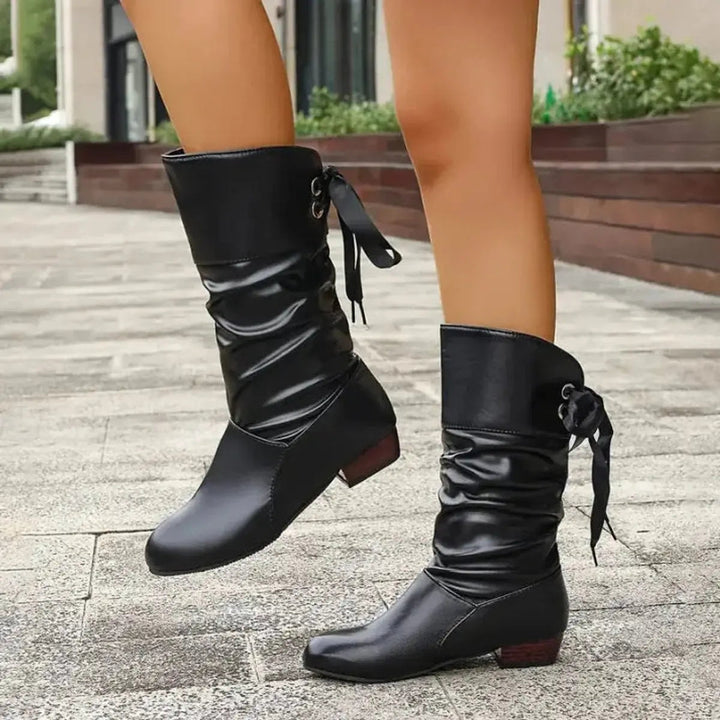 Everyday stylish women's lace-up ruched mid-calf boots, designed for comfort & fashion with a block heel.