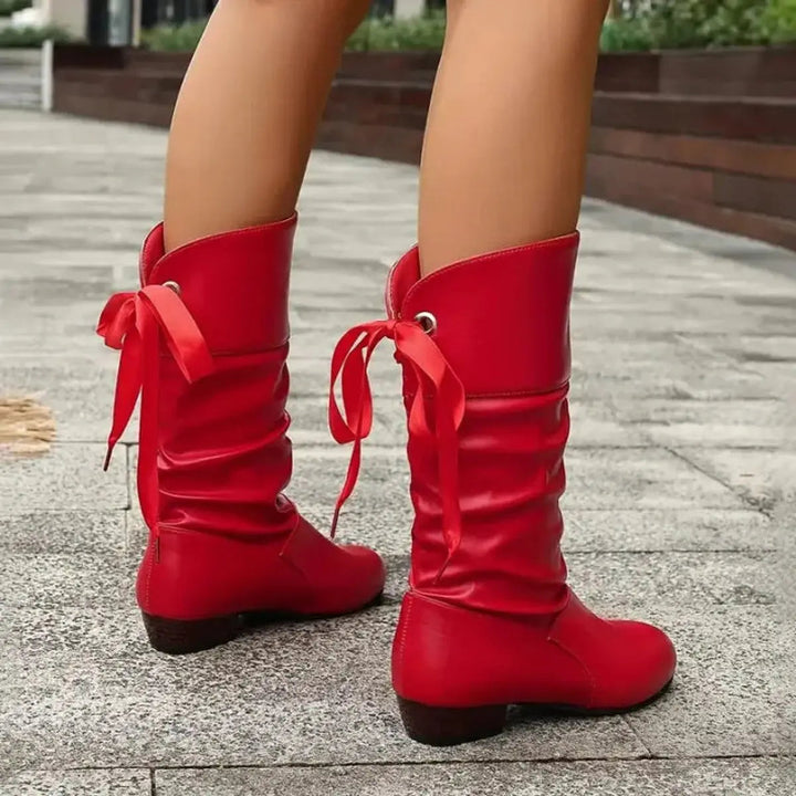 Fashionable women's mid-calf ankle boots, ruched texture, lace-up front & comfortable block heel.