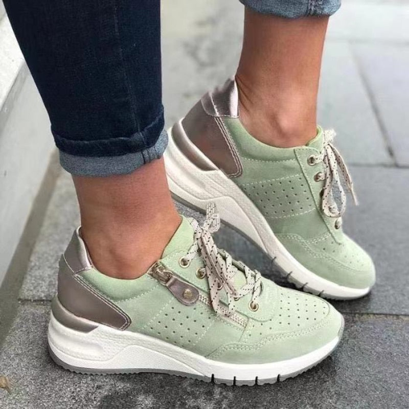 Women's lace-up wedge platform sneakers with side zip, perfect for walking & casual wear.