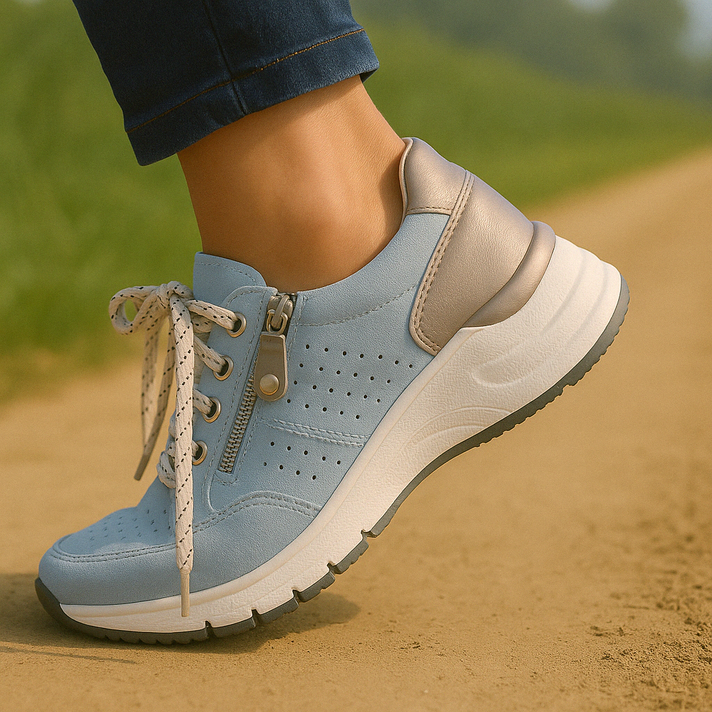 Women's wedge platform walking sneakers with perforated detail, lace-up front, & practical side zip.