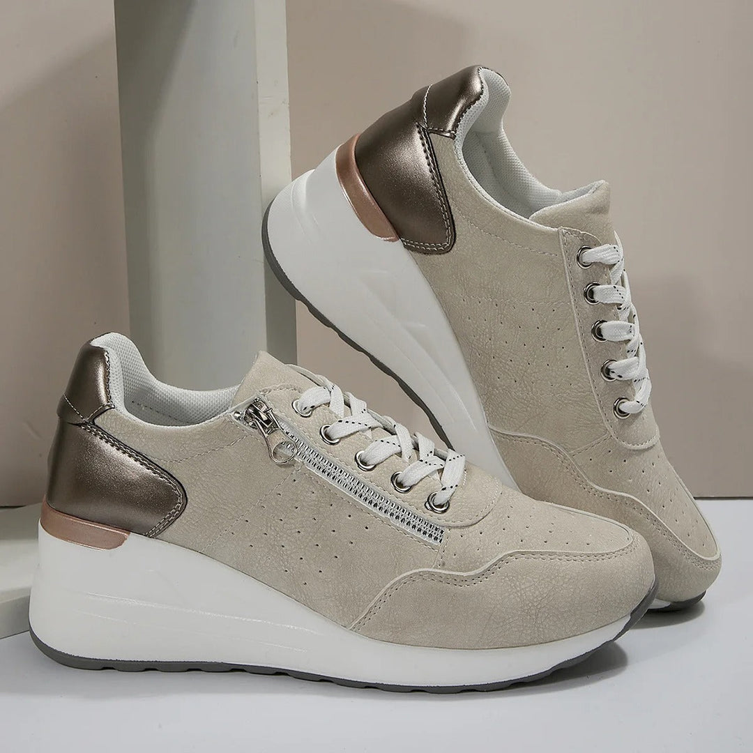 Easy-on women's lace-up wedge platform sneakers with side zip for walking & everyday casual comfort.