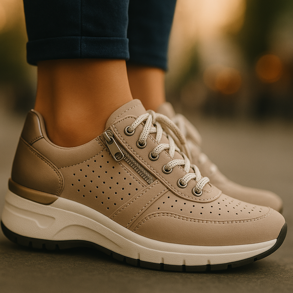 Close-up of women's lace-up wedge platform sneakers with side zip, showing perforated detail & texture.