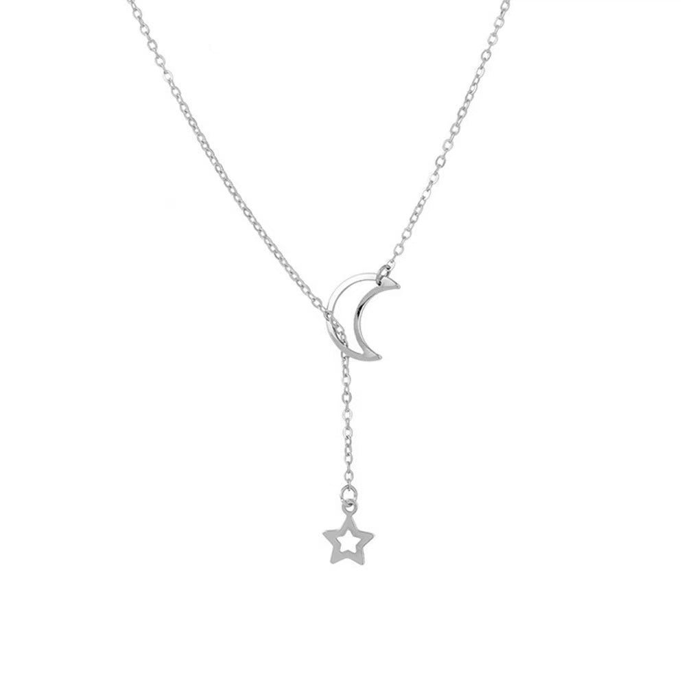 Fashionable women's layered necklace with delicate sterling silver star and moon celestial pendants, adjustable.