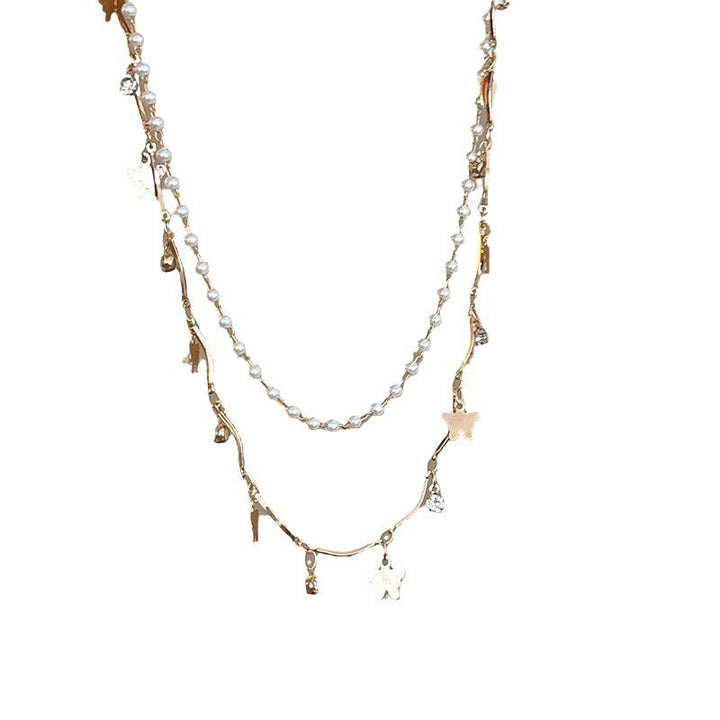 Iridescent opal and classic pearl layered necklace & bracelet set, charming women's fashion jewelry.