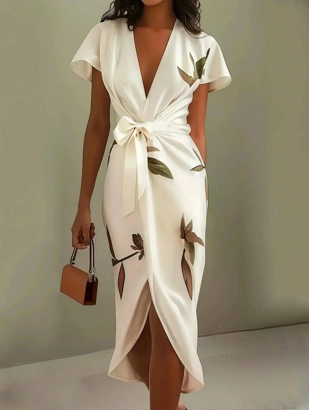Women's leaf print V-neck wrap midi dress with short sleeves and tie waist, perfect for summer casual style.
