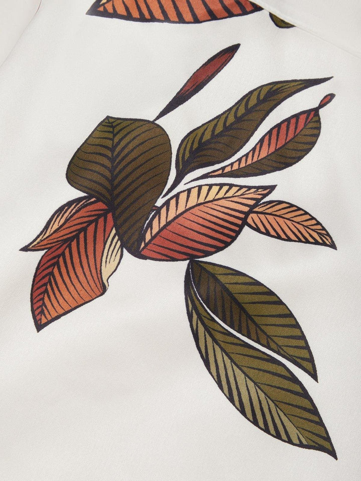 Floral-type women's wrap midi dress in a refreshing leaf print with V-neck, short sleeves, and tie waist detail.