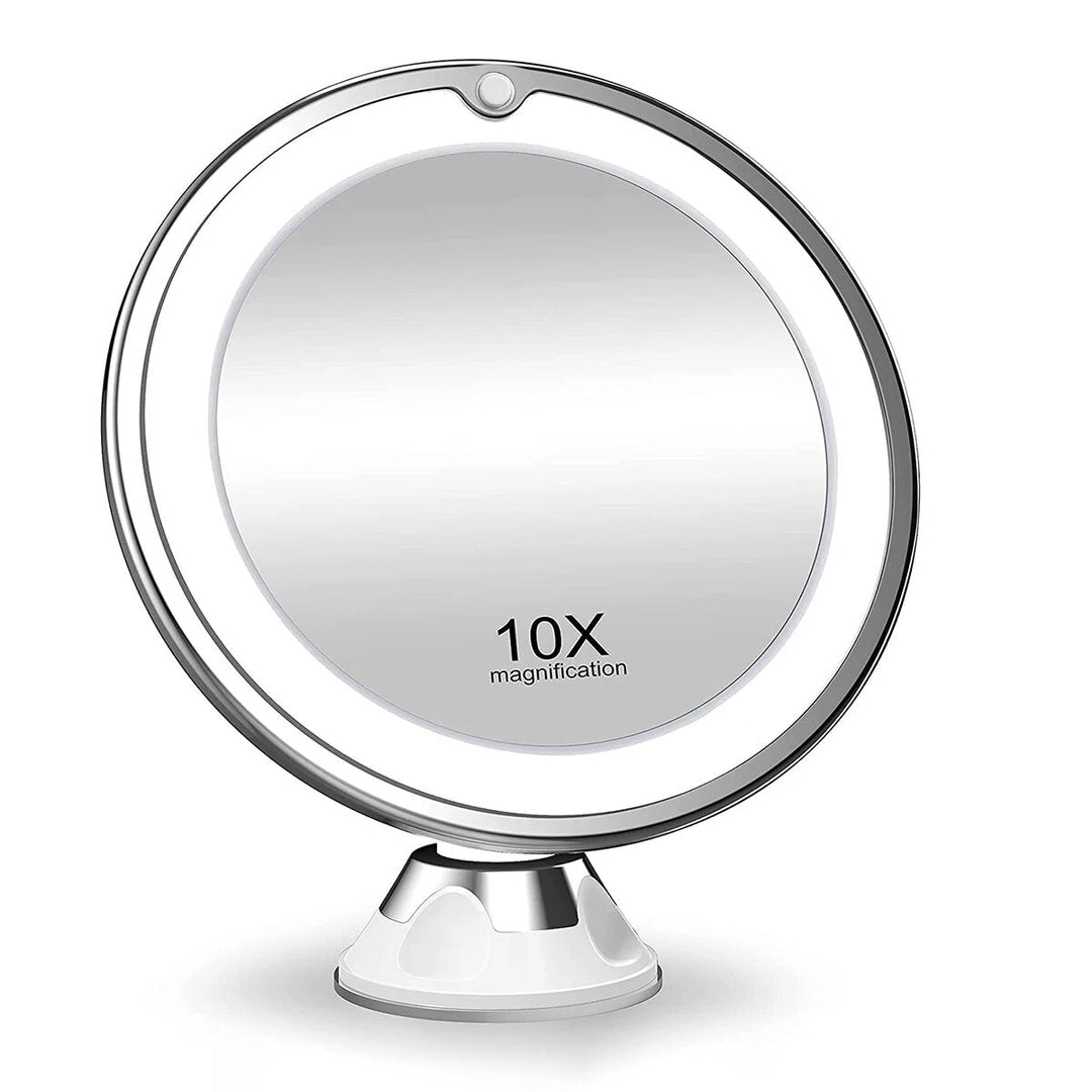 Women's LED magnifying vanity mirror with 10x zoom for makeup & travel. Features suction cup for easy mounting.