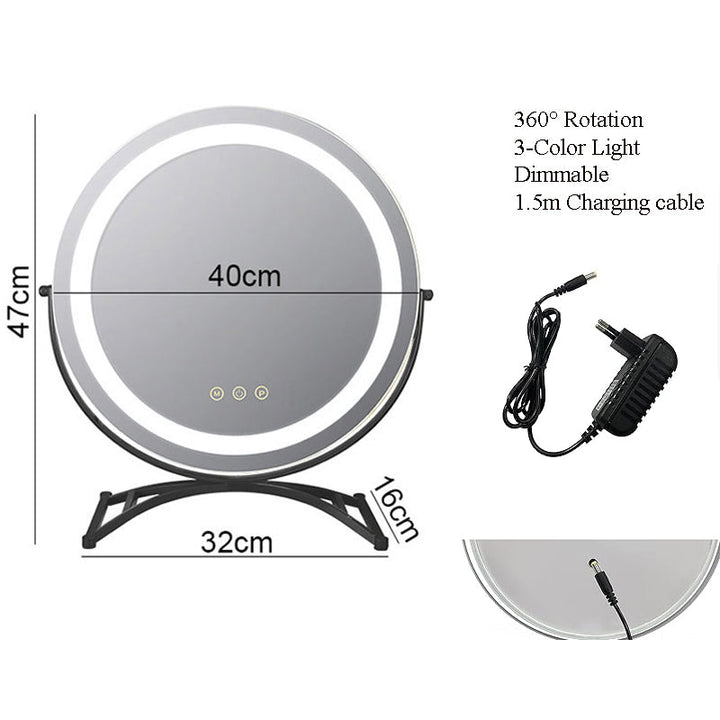 Women's LED makeup mirror, smart touch, 3 light modes. Perfect vanity accessory for cosmetic application.