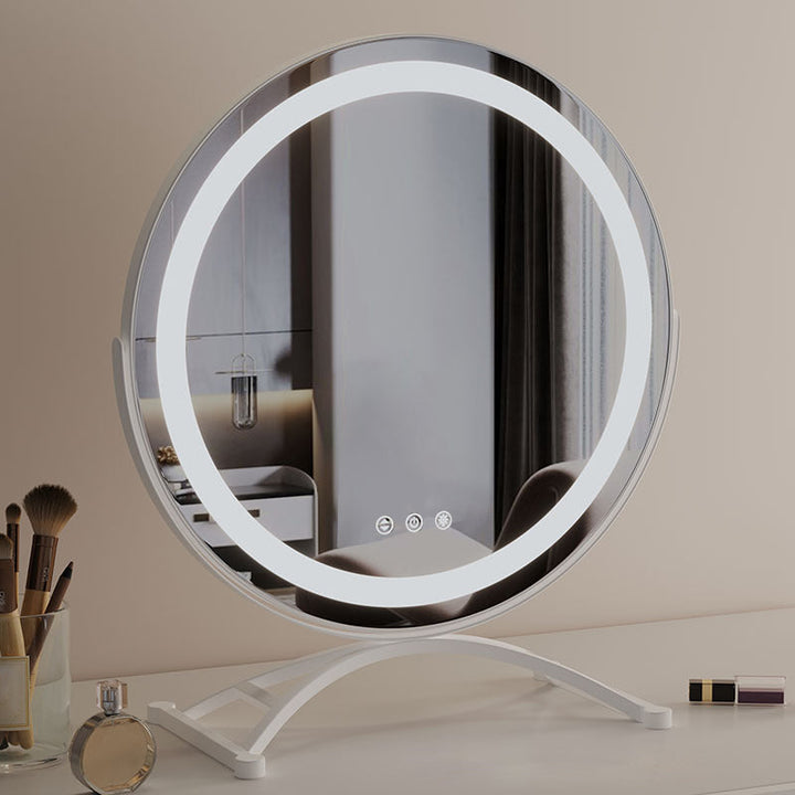 Smart touch LED makeup mirror with 3 light modes. Detailed beauty routines & cosmetic application.