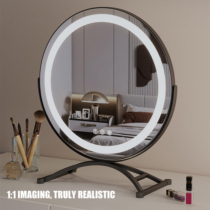 Black rechargeable LED makeup mirror, smart touch control, 3 light modes. Modern beauty accessory.