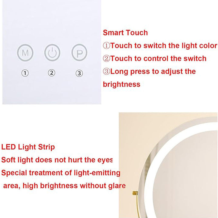 Gold LED makeup mirror with smart touch control, 3 light modes. Tabletop vanity mirror for precise beauty.