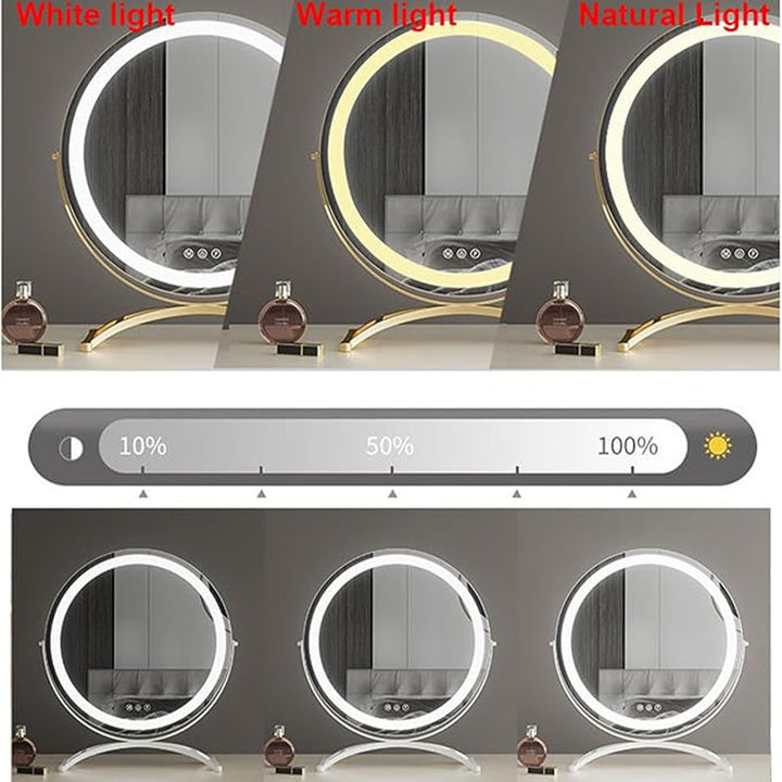 Black illuminated LED vanity mirror with smart touch control & 3 adjustable light settings. Cosmetic tool.