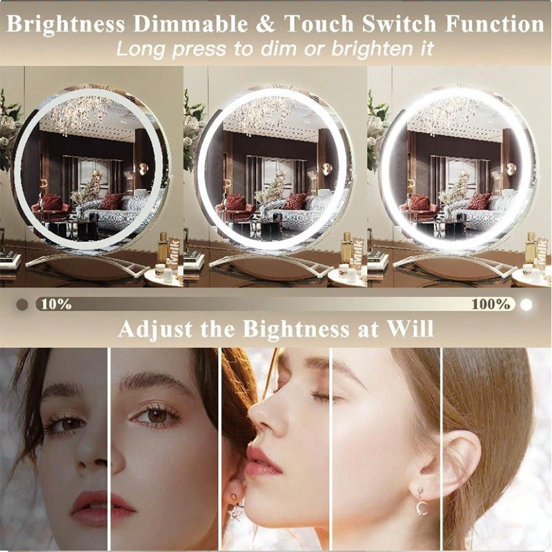 White LED cosmetic mirror, smart touch, 3 light modes. Ideal tabletop beauty accessory for makeup application.