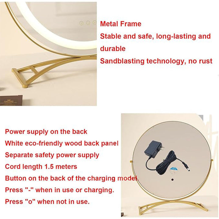 360° swivel LED makeup mirror, smart touch, 3 light modes. Rechargeable vanity mirror for women's beauty.