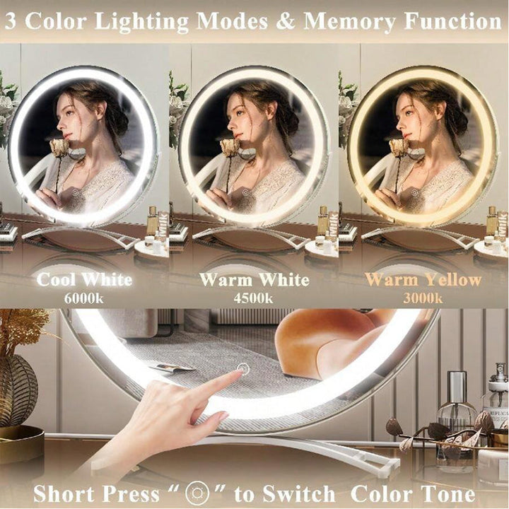 Rechargeable LED makeup mirror, smart touch, 3 light modes. Portable beauty accessory for on-the-go cosmetics.