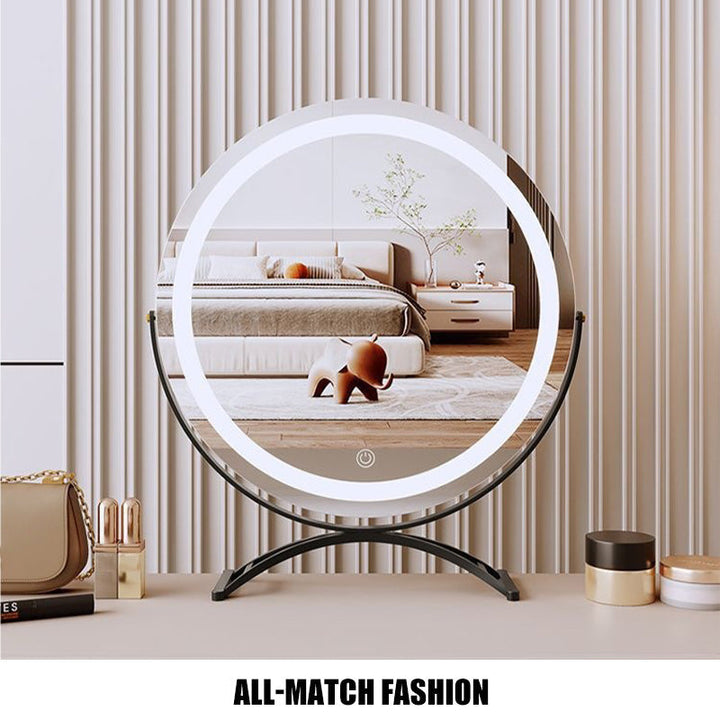 Touch control LED vanity mirror, 3 light modes. Illuminated cosmetic mirror for women's daily beauty routine.