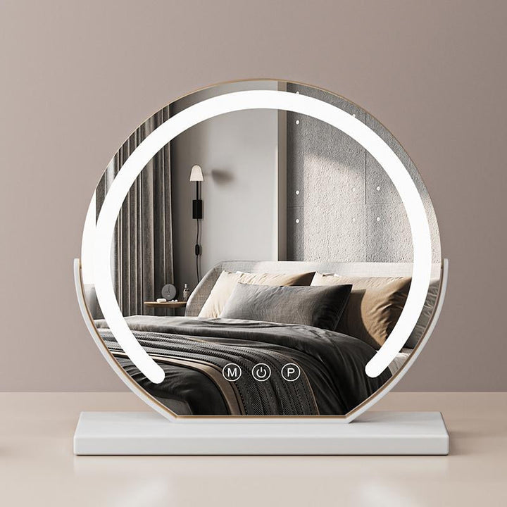 Women's LED vanity mirror with touch control, dimmable lighting, perfect for makeup application.